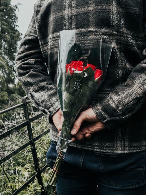 A person wearing a dark checkered jacket is holding a bouquet of fresh red and white roses wrapped in transparent plastic, with visible green stems and dark green leaves. The bouquet is positioned beh