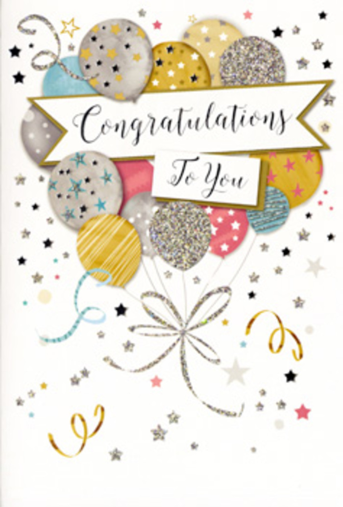 The design of this congratulations card feels like a modern celebration distilled into a single, serene scene, echoing the mixture of energy and warmth you sense around Elephant and Castle's local cafés and creative spaces. Dominating the front is a bouquet of illustrated balloons gathered closely together, rising upwards as though gently lifted by an unseen breeze. The colours are carefully chosen: soft gold and champagne mingle with cool silver, airy sky blue, blush pink, and subtle grey, creating a refined palette that feels festive without being loud. Each balloon carries a delicate decorative pattern-tiny stars scattered like night lights over the surface, neat stripes that curve with the rounded shape, or light speckling that suggests a dusting of glitter. The overlapping balloons create a layered effect, giving the sense that some are floating closer while others hover behind, just as party balloons might gather in a corner of a living room near the local market. From their bases, slender ribbons twist downward in languid curls, crossing and looping over one another in unhurried lines that add movement and rhythm to the composition. Cutting gracefully across the centre is a banner that seems to rest among the balloons, bearing the phrase Congratulations To You in elegant, looping handwriting-style script. Around this focal cluster, small stars, dots, and curling flourishes appear to drift across the pale, uncluttered background, like confetti slowly settling after a cheer. The open space around the design gives it a modern, airy feel, allowing each metallic-inspired accent to shine. It's the kind of card a local florist in Elephant and Castle might choose to accompany a same-day flower delivery for graduations, promotions, or big life milestones-something that visually conveys pride, joy, and sincere acknowledgement of someone's achievement.