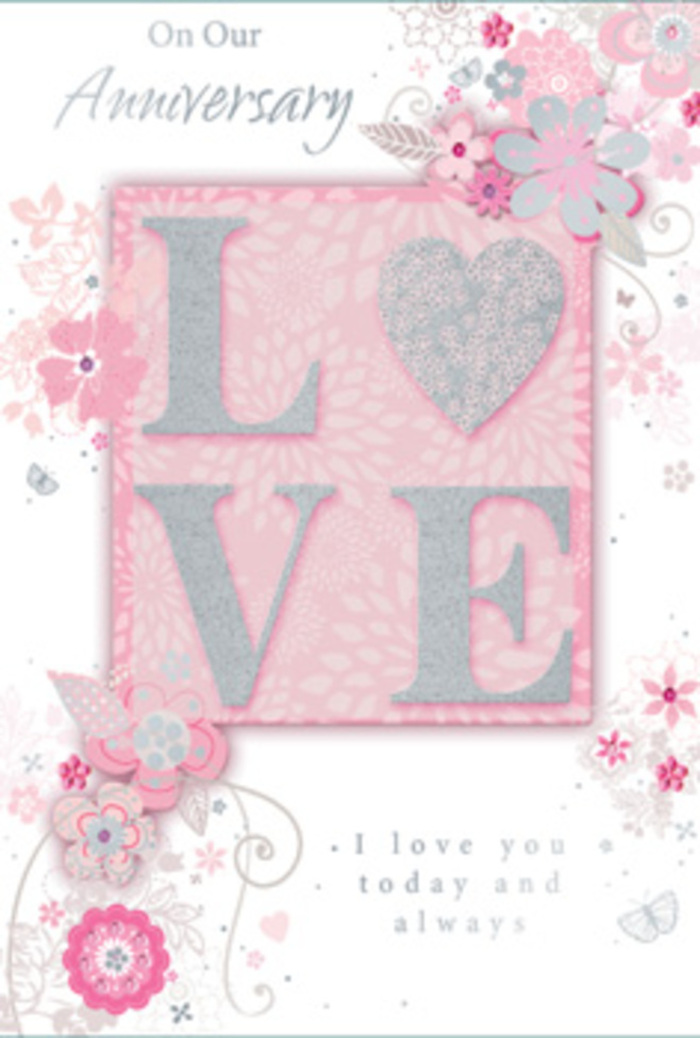 The anniversary card in the image feels like a quiet celebration captured on paper, much like the tranquil corners you find strolling from Elephant and Castle Station towards the side streets in the late afternoon. At its centre is the word LOVE, beautifully presented in raised, frosted glitter letters that glimmer gently when light touches them. The edging of the glitter is soft rather than sharp, suggesting something comforting and enduring. It sits within a blush-pink area that forms a subtle frame, slightly deeper than the surrounding pale pink background, which gives the composition a sense of depth without overwhelming the eye. Around the central word, airy hand-drawn blooms drift along the borders. Their petals are rendered in shades of pink, lilac, and creamy white, with slender stems and delicate leaves drawn in wisps of grey. The style is somewhere between sketch and watercolor, evoking the feeling of seeing a florist's notebook filled with ideas for romantic arrangements. Gentle flourishes-fine filigree lines, curving tendrils, and just-visible butterflies-are scattered throughout, suggesting fluttering movement, like confetti caught in a soft breeze near a local celebration. The blossoms cluster more densely in some corners and trail off into graceful sprays in others, creating a rhythm that leads the gaze across the card. Nestled amid this artwork, a message reading I love you today and always appears in an understated, refined typeface. The letters are clean and elegant, letting the sentiment shine without competing with the floral detail. Altogether, the design feels sophisticated but deeply personal, much like receiving a hand-selected bouquet and card delivered across Elephant and Castle to mark another year of shared promises and everyday tenderness.