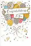This congratulations card presents a gentle yet unmistakably festive scene, reminiscent of a cosy celebration in a flat just off Elephant and Castle's busy junction. The front showcases a bouquet of rounded balloons gathered in a tight cluster, all appearing to rise together in smooth, upward curves. The colour palette leans towards soft metallic and pastel shades-muted gold, delicate champagne, cool silver, sky blue, warm blush pink, and calm grey-balanced so no one tone dominates. Looking closely, each balloon has its own decorative touch: some are dusted with tiny, twinkling stars, others have slender stripes that follow the curve of the surface, and a few show speckled patterns that resemble a fine sprinkle of glitter. They overlap one another gently, adding depth and the suggestion that this is a real bunch of balloons caught mid-float. From the base of the cluster, narrow ribbons drift downward in flowing curls and loops, much like the trailing ribbons you see tied to birthday gifts or arrangements on New Kent Road. A banner stretches across the middle, nestled comfortably among the balloons, printed with the phrase Congratulations To You in fluid, elegant calligraphy that feels warm and genuinely pleased. Around this central arrangement, small stars, round confetti-like dots, and soft swirling lines scatter across a pale, airy background, giving the impression of lighthearted movement and softly falling party confetti. The negative space keeps the design calm and uncluttered, making every metallic tone and pastel highlight stand out. It is an ideal card to pair with fresh flowers delivered across Elephant and Castle for exam celebrations, job promotions, or personal achievements, visually expressing admiration, happiness, and shared pride in one graceful, celebratory composition.