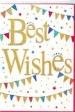 The design of this Best Wishes card is like a burst of festival colour against a clear sky, reminiscent of the lively energy around Elephant and Castle when the streets are dressed for an event. At the centre sits the greeting itself, Best Wishes, penned in sweeping, metallic gold script that shimmers with a fine glitter finish. The letters are bold yet graceful, slightly raised from the surface so they stand out clearly against the pure white background. Surrounding the words, soft arcs of bunting stretch from side to side, as if draped across a balcony overlooking the busy roundabout or strung between townhouses on a celebration day. The bunting flags are tiny triangles in a cheerful mix of colours-sapphire and sky blues, ruby reds, grassy greens, lemon yellows, and rich pinks-each one decorated with its own simple pattern of stripes, spots, or small repeating motifs that add rhythm and individuality. Scattered among these curves of bunting are small star shapes and coloured dots, arranged loosely so they resemble confetti fluttering gently through the air. The overall impression is one of easy, joyful celebration: bright but not overpowering, playful yet still smart enough for any important occasion. Paired with a bouquet delivered locally, this card would be perfect for marking new jobs, exam success, move-in days, or any happy milestone in Elephant and Castle, sending a heartfelt message of encouragement and shared happiness with every glittering detail.
